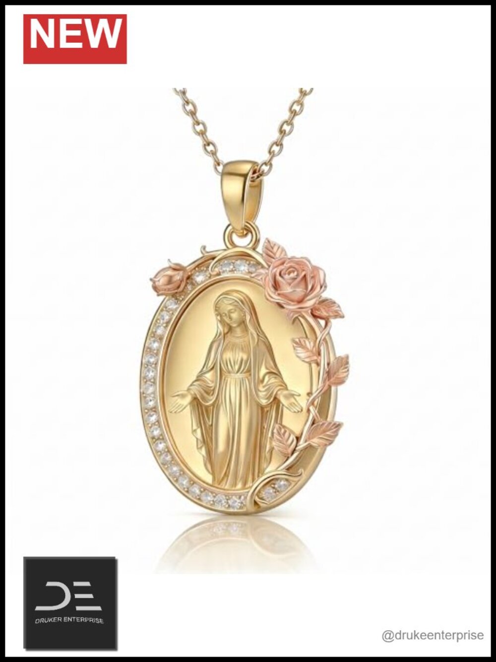 925 Sterling Silver 14K Gold Plated Virgin Mary Pendant Necklace for Women